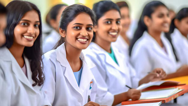 Indian medical students smiling in classroom during MBBS training session.