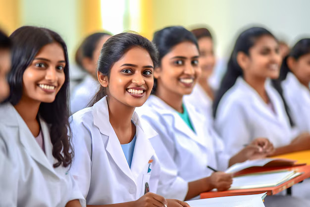 Indian medical students smiling in classroom during MBBS training session.