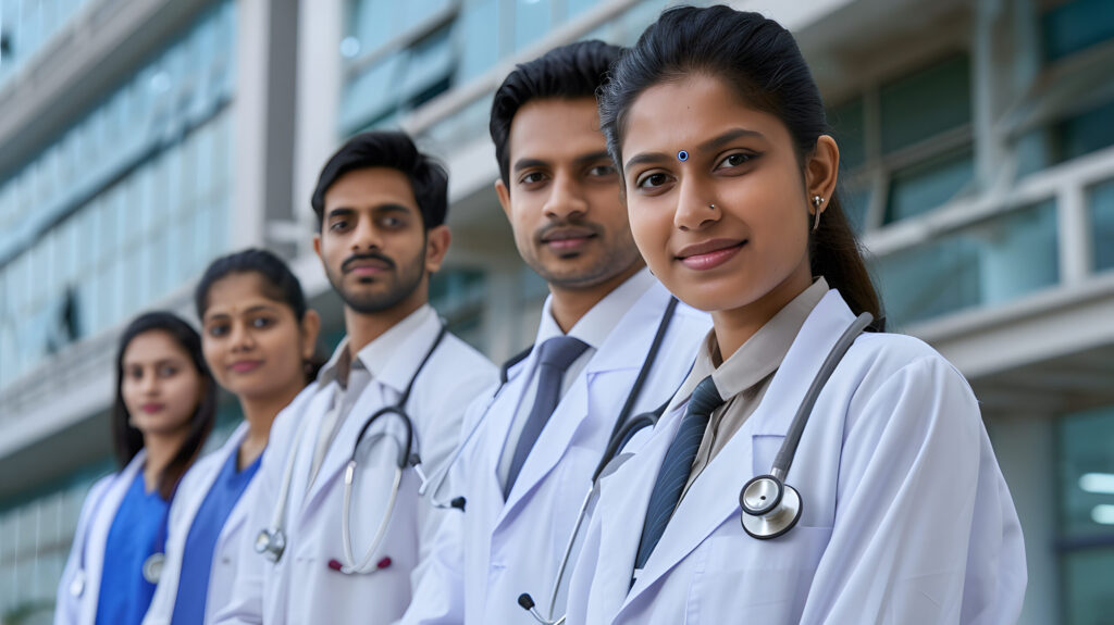 Five medical students wearing white coats standing outside modern hospital building.