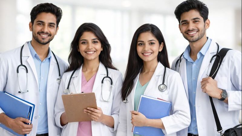 Four diverse Indian medical students in classroom during admission counselling process