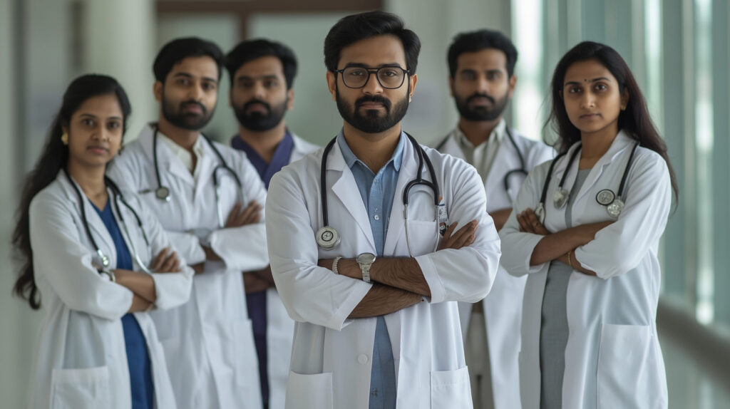 Group of doctors wearing white coats and stethoscopes in hospital