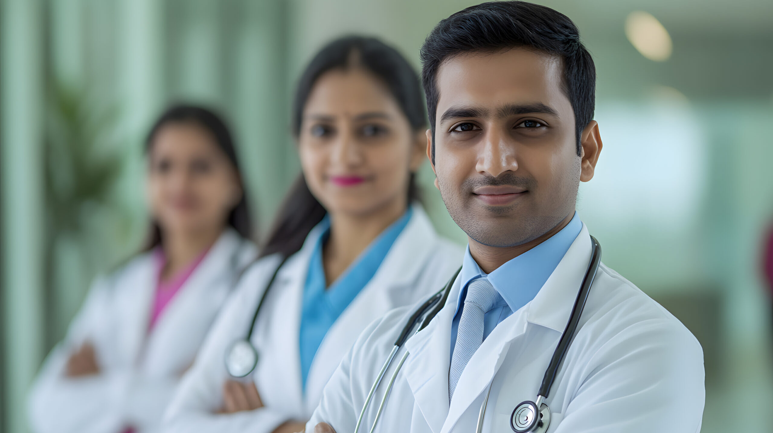 Three doctors in white coats standing confidently indoors clinic setting